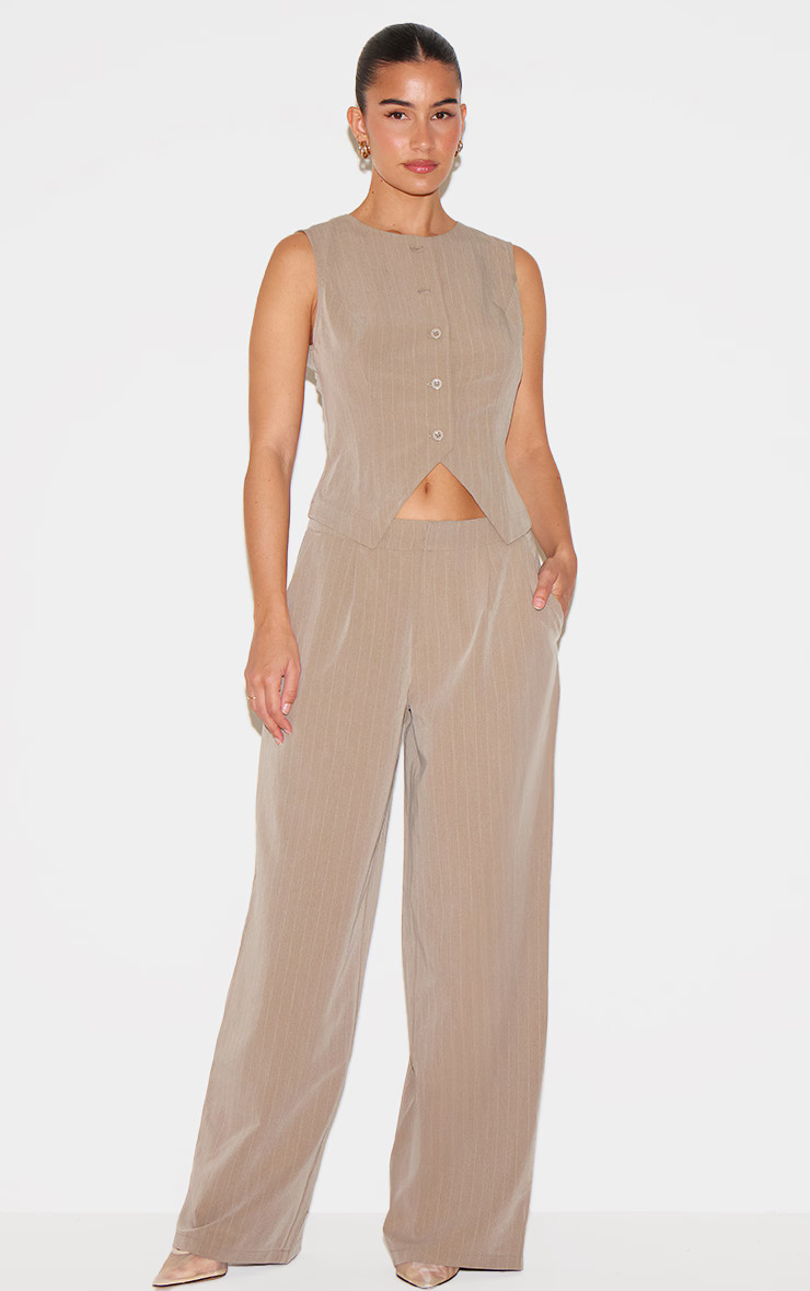 Beige Tailored Woven Pinstripe Wide Leg Trousers | PrettyLittleThing UK