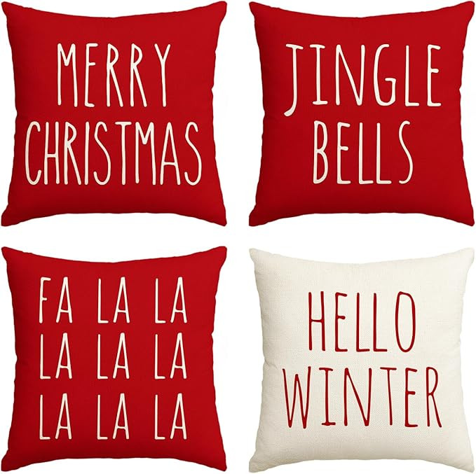 AVOIN Christmas Saying Throw Pillow Cover, 20 x 20 Inch Merry Christmas Jingle Bells Hello Winter... | Amazon (US)