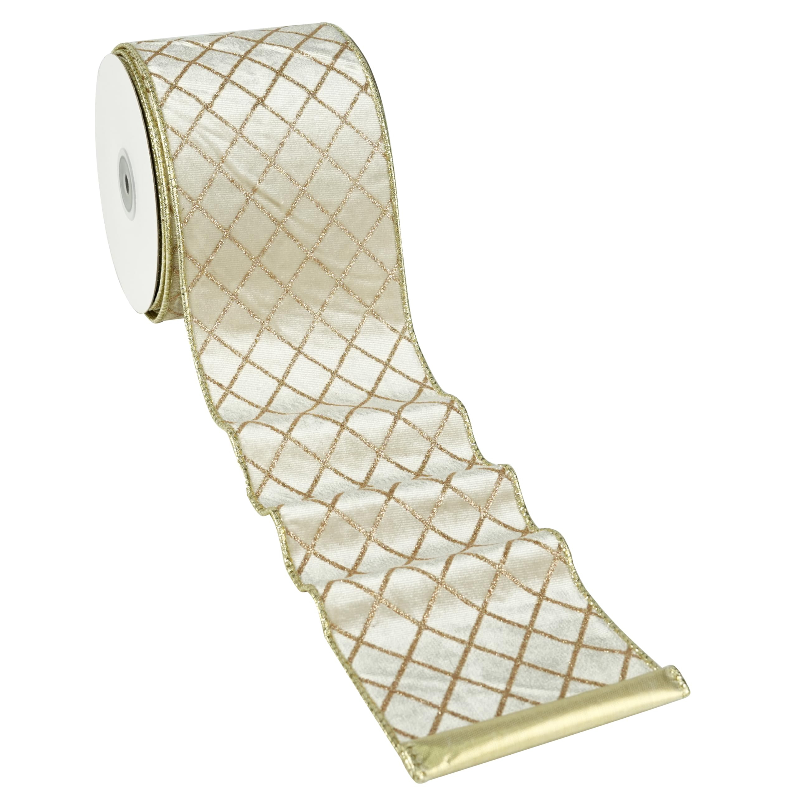 MAYREEL 4 Inch Ivory and Gold Velvet Wired Ribbon Metallic Diamond Glitter Grid for Christmas Gif... | Amazon (US)