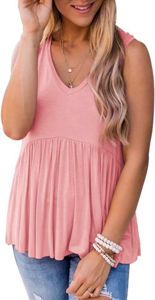 PINKMSTYLE Women's Ruffle V Neck Tank Tops Babydoll Peplum Tops Sleeveless T Shirts | Amazon (US)