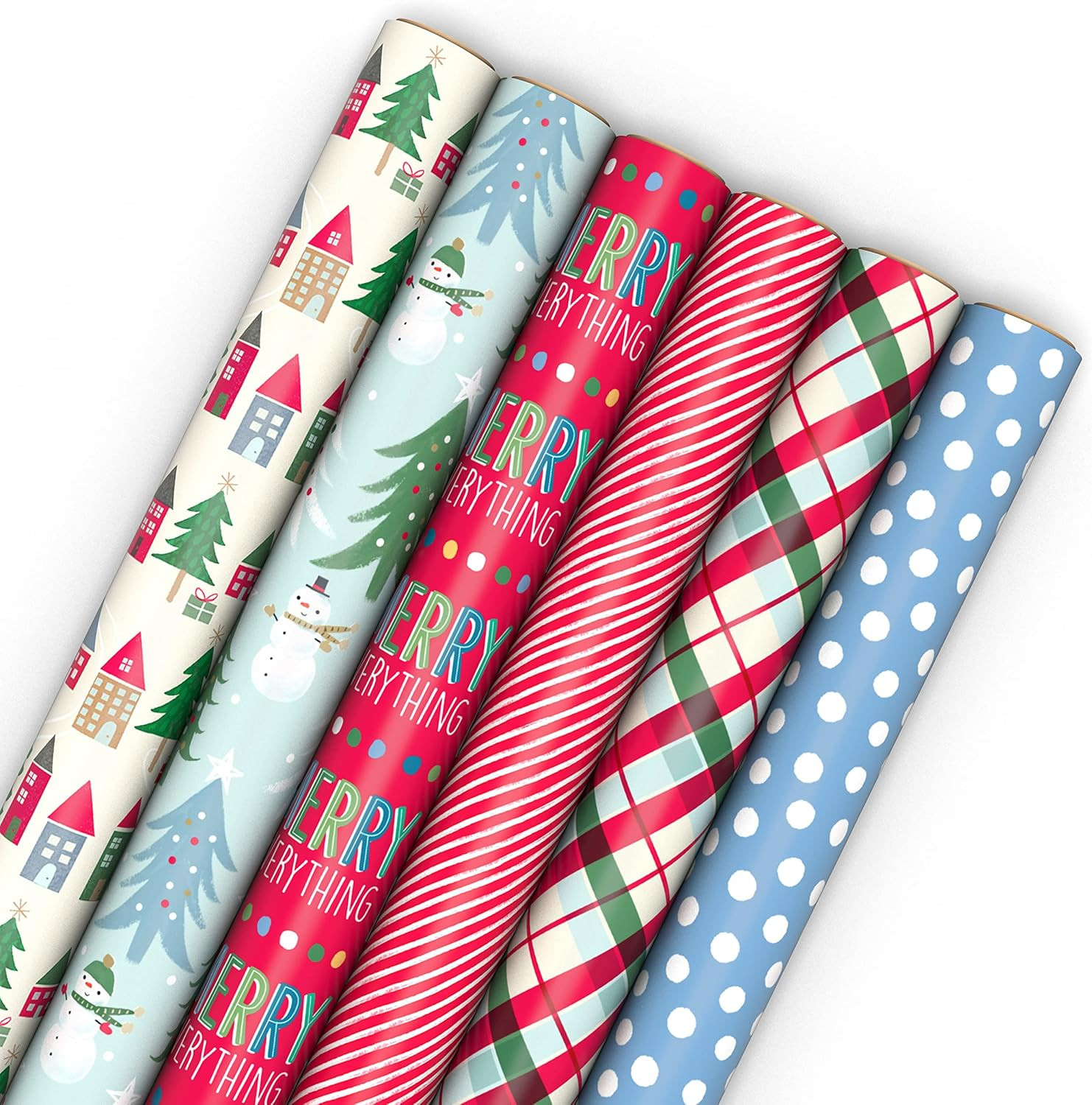 Hallmark Cute Recyclable Christmas Wrapping Paper (6 Rolls: 180 Sq. Ft. Total) Red, Blue, Green Plaid, Merry Everything, Colorful Houses, Snowmen and Trees, Dots, Stripes | Amazon (US)