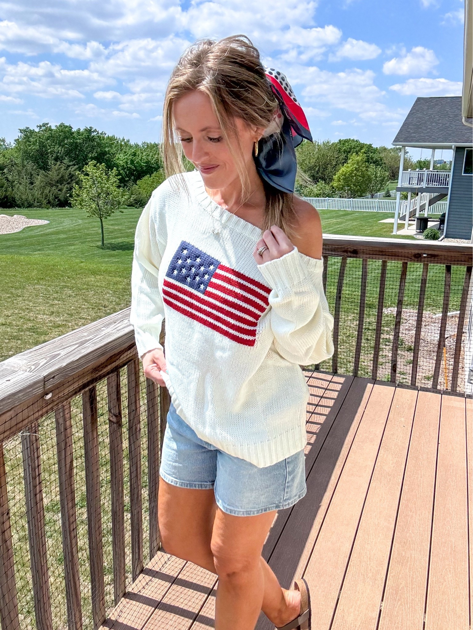This off the shoulder flag sweater is adorable and comfortable too! ❤️🤍💙 Perfect for the cool nights this spring and summer and for the 4th of July and Memorial Day! Wearing a small in the sweater and an xsmall in the 5” inseam viral denim shorts.

As an Amazon Influencer I earn commission on qualifying purchases.

Patriotic sweater, spring sweater, summer sweater, 4th of July outfit inspo, Memorial Day vibes, mom style, viral denim shorts, hair scarf, summer fashion ideas, summer holiday attire

#LTKootd #LTKOver40 #LTKMidsize