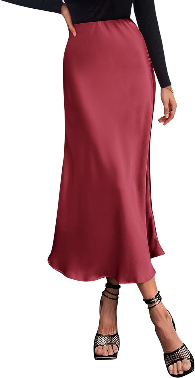 BTFBM 2024 Women Long Satin Summer Fall Skirt Silk Elegant High Waist Cocktail Party Wedding Flar... | Amazon (US)