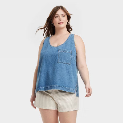 Women's Denim Tank Top - Universal Thread™ Medium Wash 4X: Scoopneck, Front Pocket, Midweight Fabric | Target