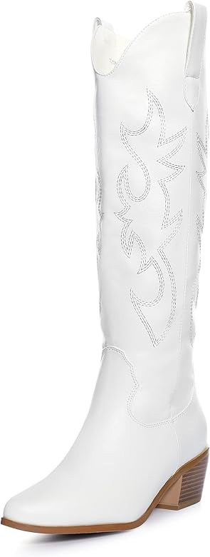 QPAO Women's Embroidered Western Cowboy Boots, White Knee Cowgirl Boots Medium and Chunky Heel Al... | Amazon (US)