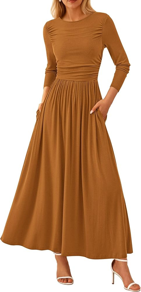 PRETTYGARDEN Women's 2025 Fashion Trendy Fall Long Sleeve Dresses Ruched Flowy Elegant Modest Boh... | Amazon (US)