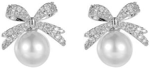 ONLYJUMP Sparkly Bow Earrings - Pearl & Crystal Rhinestone Tassel Dangling Earrings for Women | Amazon (US)