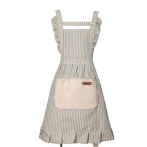 Nebesheii Adorable Cotton Kitchen Cooking Apron,Adjustable Neck Soft Chef Classic Striped Apron with Two Roomy Pockets-For Women(Gray | Amazon (US)