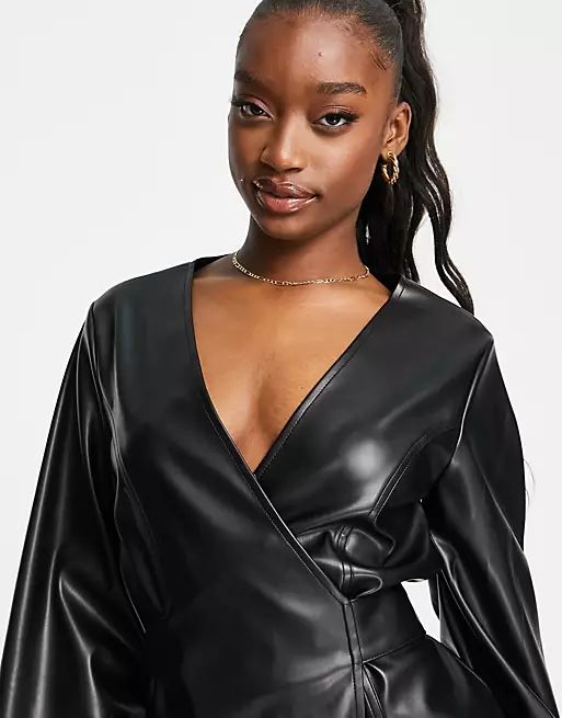 ASOS DESIGN leather look belted mini wrap dress in black | ASOS (Global)