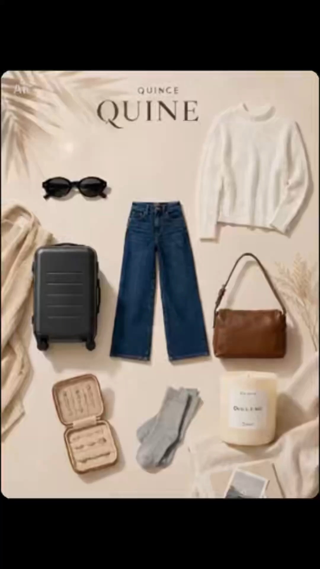 The quiet luxury summer @Quince travel essentials I’m bringing on every getaway. 🤍 The best travel wardrobe starts with timeless pieces you’ll wear for years. A classic white roll neck sweater, dark wash wide leg jeans, sleek oval sunglasses, a beautiful leather handbag, an understated carry on suitcase, a leather jewelry travel case, and cozy cashmere socks for cool summer evenings. And one luxury I’ll never travel without? A beautifully scented vanilla candle. Lighting it at the end of the day instantly makes any hotel room, vacation rental, or guest house feel warm, relaxing, and like home. It’s one of those small details that elevates the entire travel experience. Inspired by Carolyn Bessette Kennedy’s effortless style, these are the chic summer travel essentials I’ll be packing on repeat. #Quince #QuincePartner