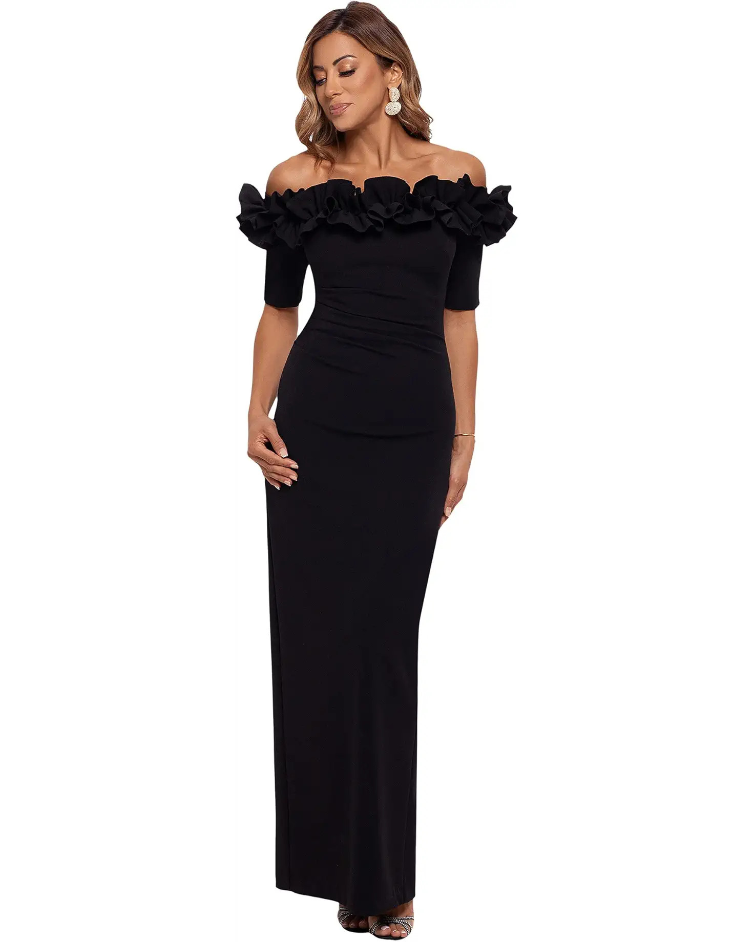 Long Crepe Off The Shoulder Ruffle Short Sleeve | Zappos