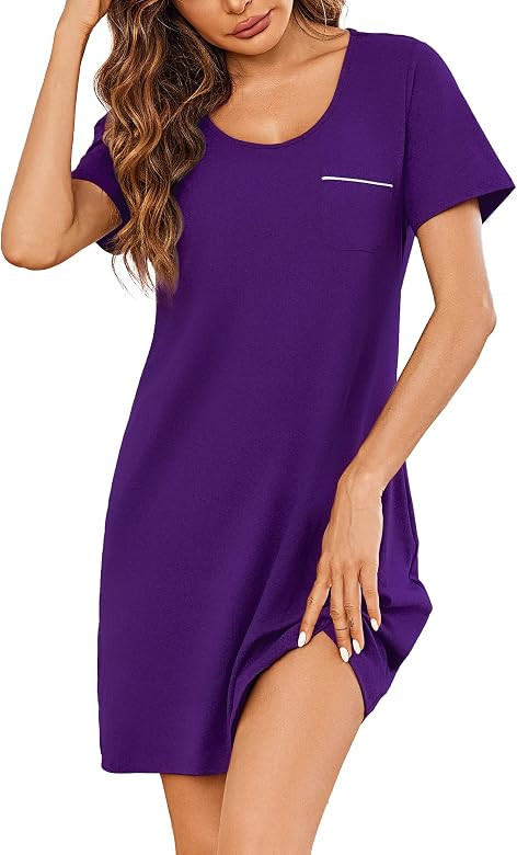 Ekouaer Womens Nightgown Nightshirts Short Sleeve Sleepwear Round Neck Sleepshirt with Chest Pock... | Amazon (US)