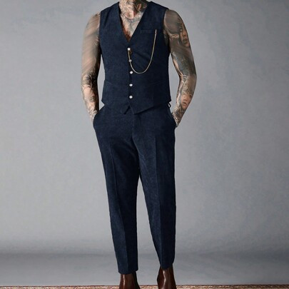 Men's Fitted Corduroy Vest And Pants Casual Suit Set | SHEIN