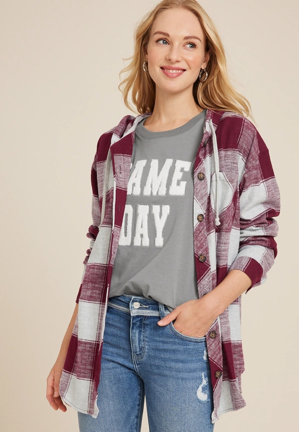 Plaid Boyfriend Hooded Button Down Shirt | Maurices