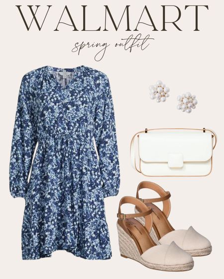 Walmart spring outfit idea. How pretty is this navy floral mini dress🥰 only $17.98 at Walmart. Walmart fashion. Walmart style. Walmart outfit idea. Walmart outfit inspo. Spring dress. Midi dress. Spring fashion. Spring style. Woven double hand sandals. Time and tru. New arrivals. Outfit inspo. Outfit idea.