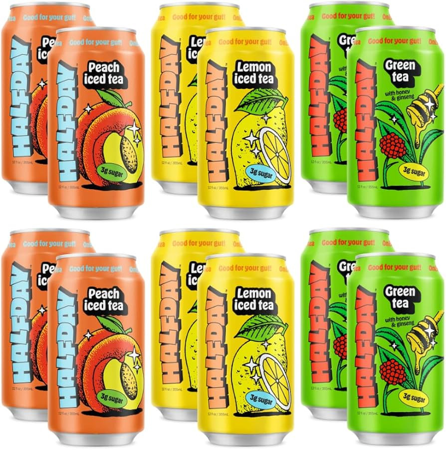 Halfday Prebiotic Iced Tea Variety 12-Pack - Nostalgic Flavor, Low Sugar, Incredible Taste - Pale... | Amazon (US)