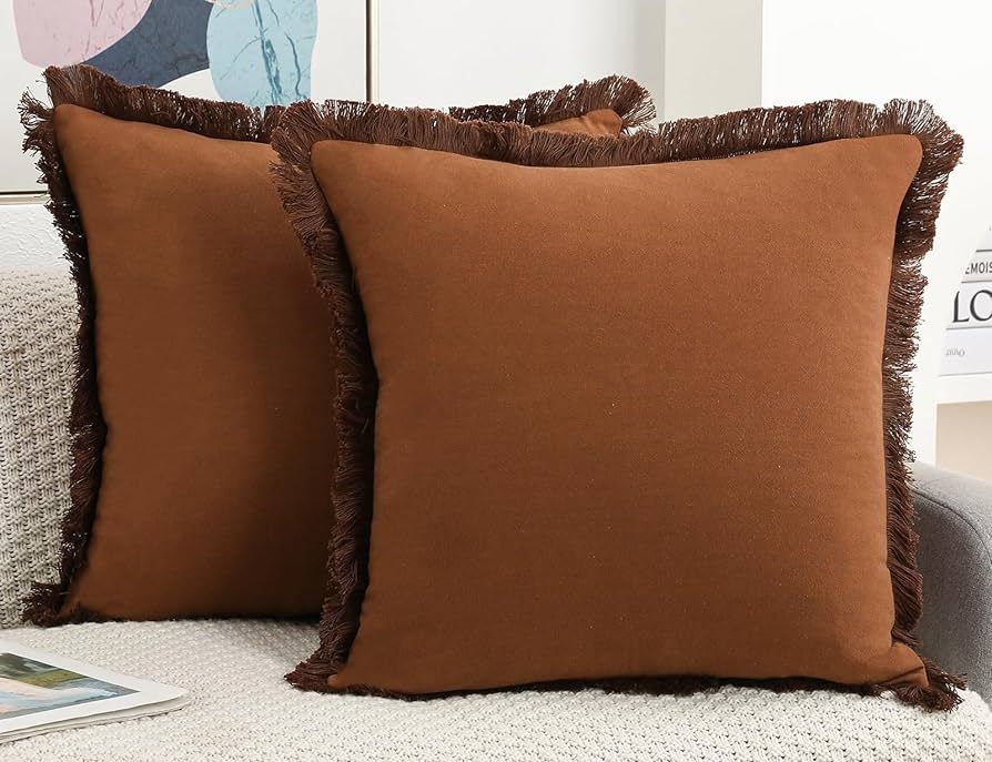 NUYECY Set of 2 Natural Linen Fringed Throw Pillow Covers,Light Brown Neutral Decorative Pillowca... | Amazon (US)