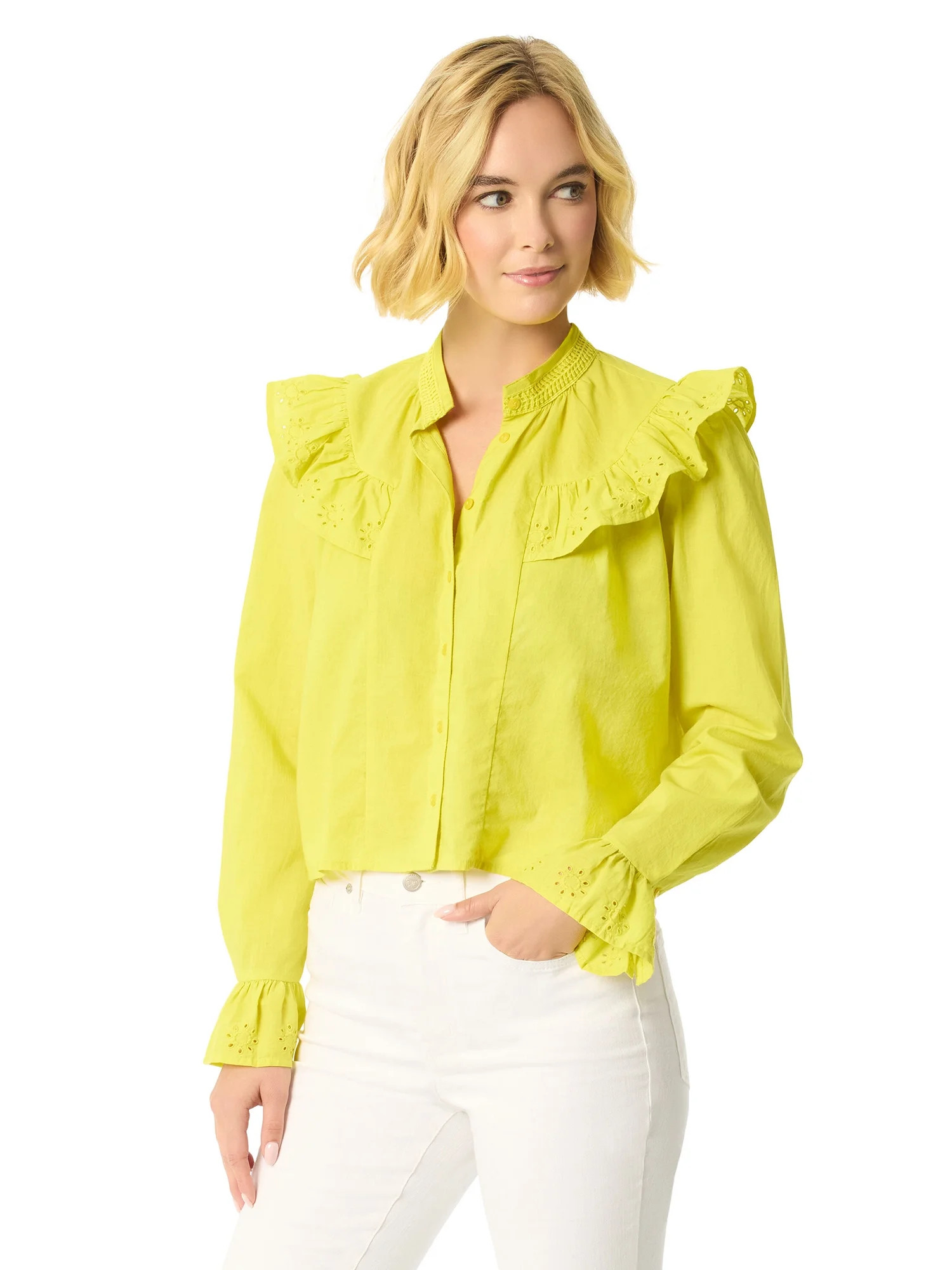 Jessica Simpson Women's and Women's Plus Arista Ruffle Long Sleeve Shirt, Sizes XS-5X - Walmart.c... | Walmart (US)