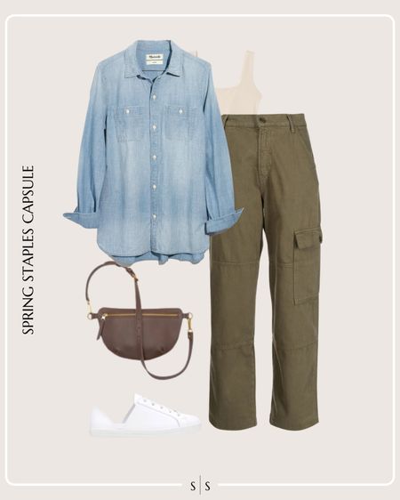 Spring Staples Capsule Wardrobe outfit idea | cargo olive pant, bodysuit, denim chambray shirt, hands free sling bag, white sneaker 

See the entire staples capsule on thesarahstories.com ✨ 


#LTKstyletip