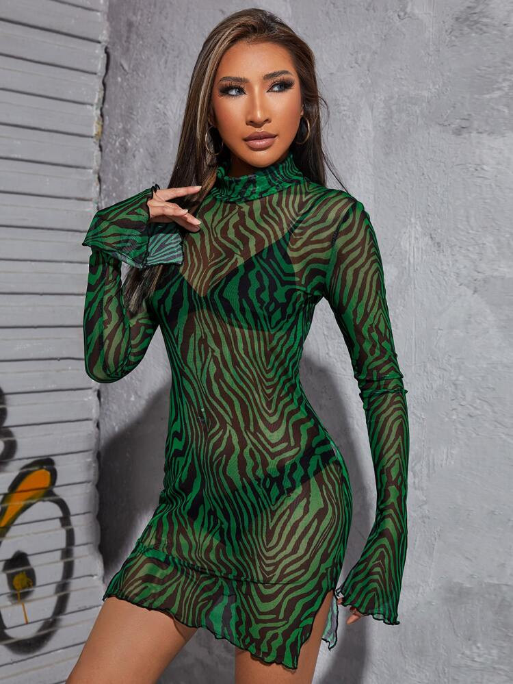 SHEIN Zebra Striped See Through Split Hem Mesh Bodycon Dress Without Lingerie | SHEIN