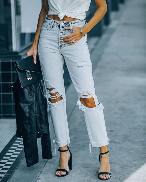 Bria High Rise Distressed Mom Jeans - Washed Grey | VICI Collection