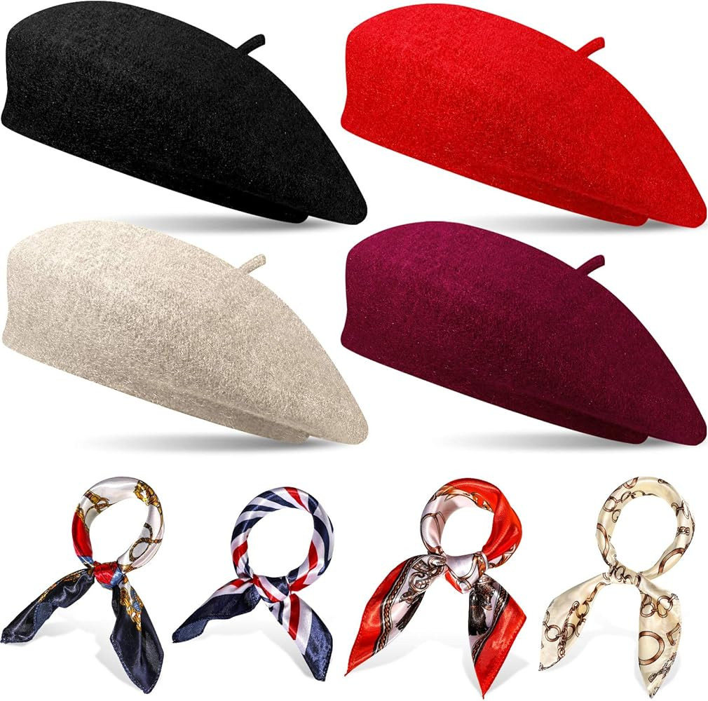 Women Beret Hat Winter Wool Beret French Artist Beanie Beret with Skily Scarf | Amazon (US)