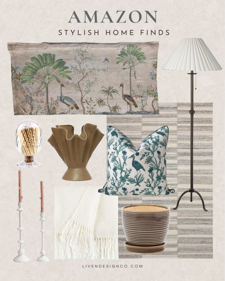 Amazon home decor. Tapered pleated lamp shade. Bronze floor lamp. Living room decor. Chinoiserie pillow. Ruffled vase. Coffee table decor. Brown planter pot. Match holder. White taper candle holders. Loloi Magnolia Home rug. Chinoiserie bird mural wall hanging. Tapestry. Throw fringe blanket. 

#LTKSeasonal #LTKHome #LTKStyleTip