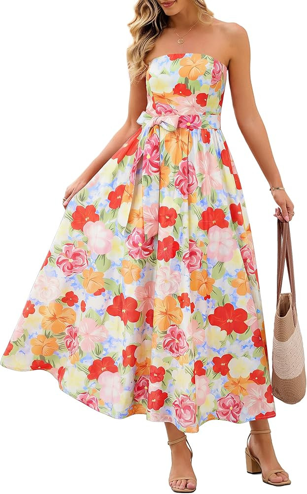 MEROKEETY Women's Summer Floral Maxi Dresses 2026 Strapless Tube Smocked Tie Boho Beach Wedding G... | Amazon (US)