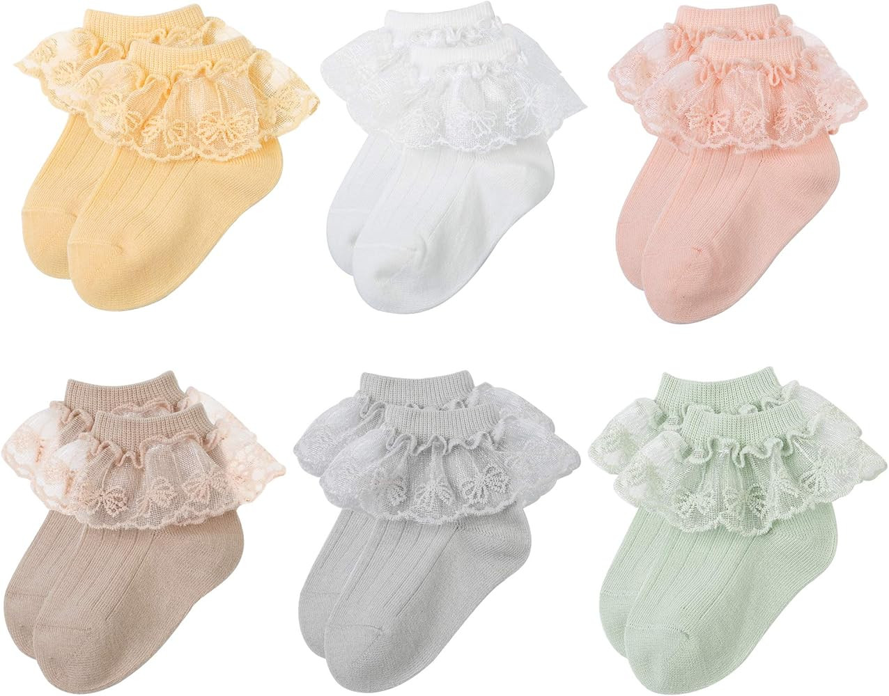 6 Pairs Baby Girls Socks Newborn Ruffle Lace Socks Princess Frilly Knit Cotton Socks | Amazon (US)