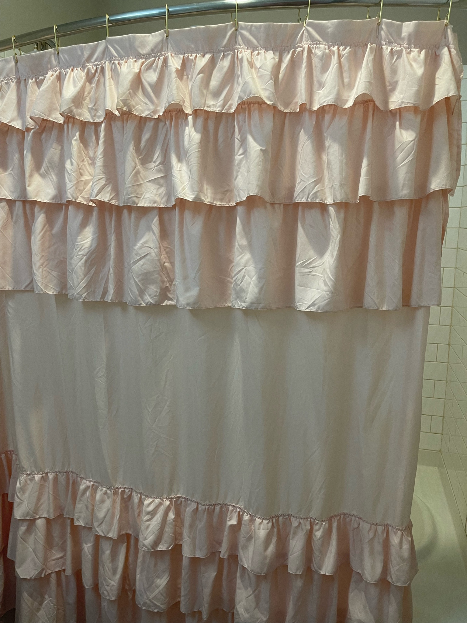 Pink Ruffle Shower curtain and gold shower curtain hooks

#LTKFind #LTKhome #LTKstyletip