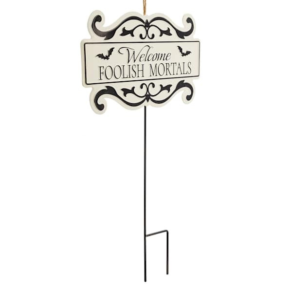 Gothic Graveyard Welcome Foolish Mortals Yard Stake, 25", White, Metal, sold by At Home | At Home
