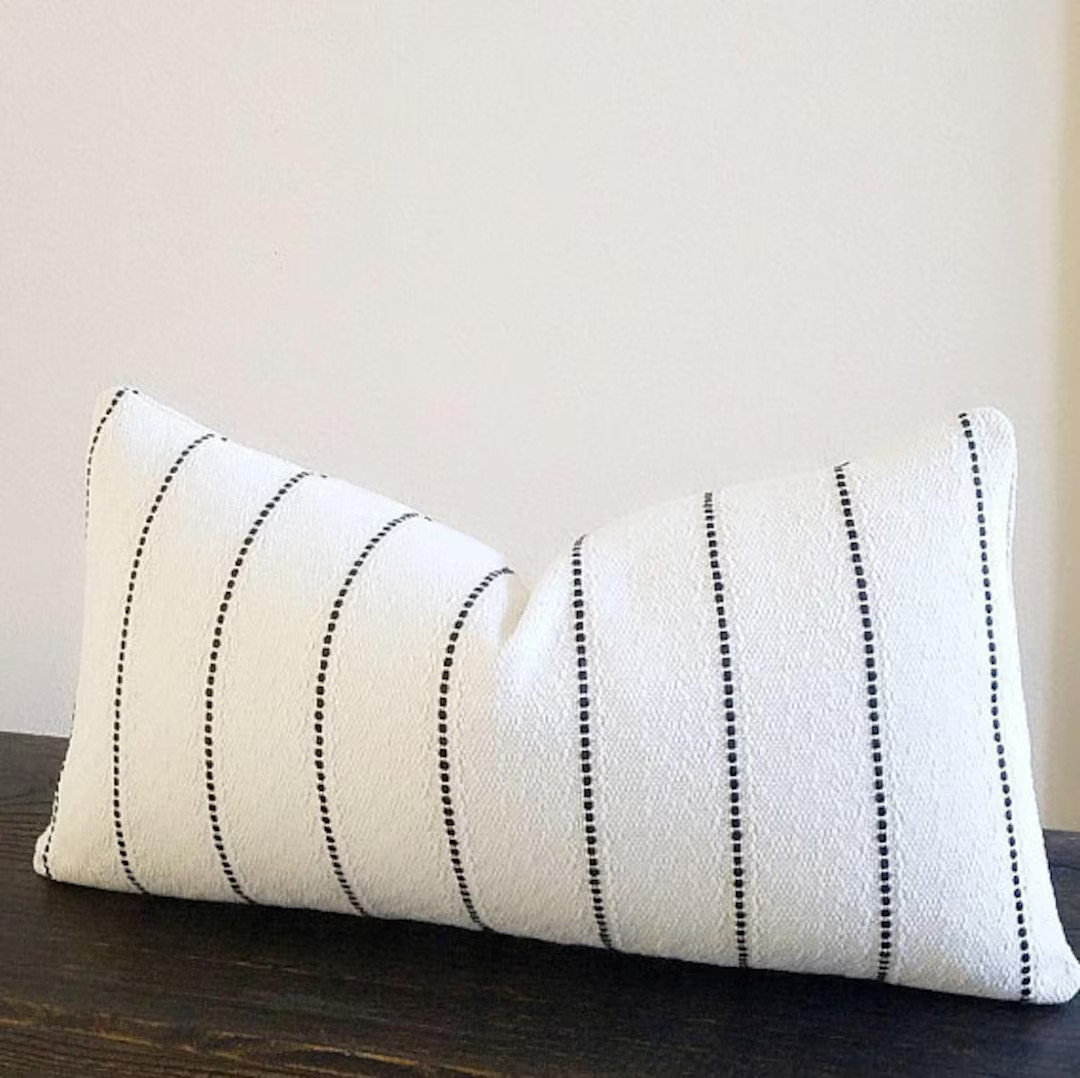 Black stripe pillow cover with white textured background, Long pillow for bed, Lumbar pillow - se... | Etsy (US)