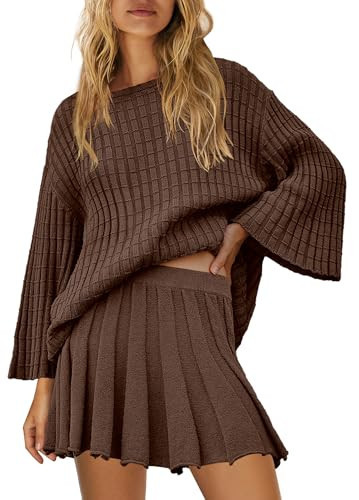 SENSERISE Skirt Sets Women 2 Piece Outfits Sweater Set Travel Outfits Long Sleeve Tops and Mini Skirt Loungewear(Coffee,S) | Amazon (US)