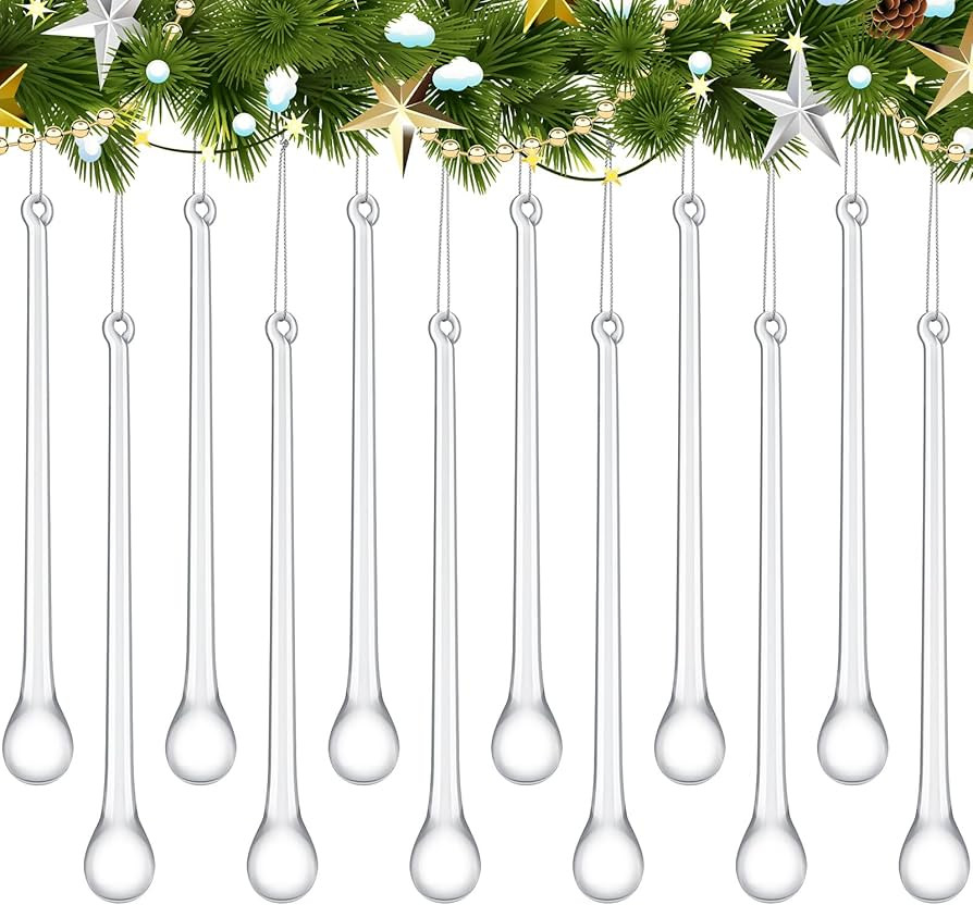 24 Pcs Glass Icicles Christmas Ornaments 4.72'' x 0.59'' Extra Long Clear Teardrop Christmas Chan... | Amazon (US)