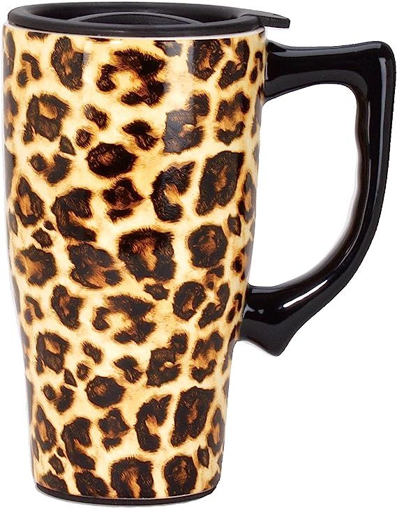 Spoontiques Leopard Print Ceramic Travel Mug, Yellow | Amazon (US)