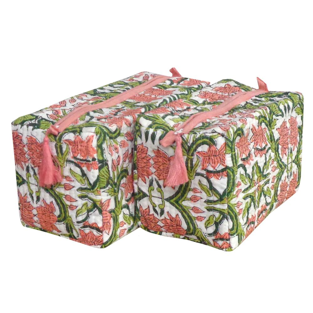 Block Print Cosmetic Bags - Lotus Green Coral (Set of 2) | Sea Marie Designs