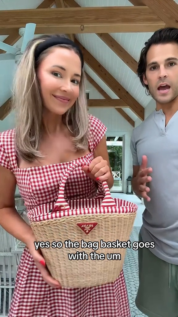 Deciding between two outfits for East Hampton! Shocked by my husband’s outfit pick ❤️🧺 Linked my plaid set in white!