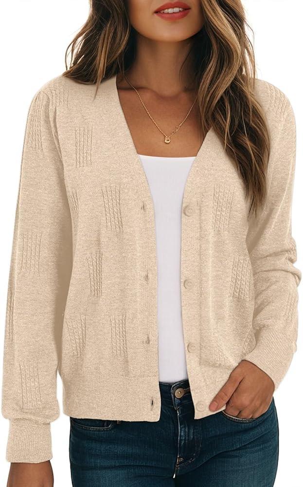 Dokotoo Women's Fall Long Sleeve Lightweight 2025 V-Neck Cardigan Button Down Twisted Cable Knit ... | Amazon (US)