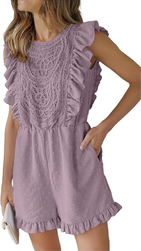 Angashion Womens Rompers 2024 Dressy Summer Casual Embroidery Lace Print One Piece Outfit Ruffle ... | Amazon (US)