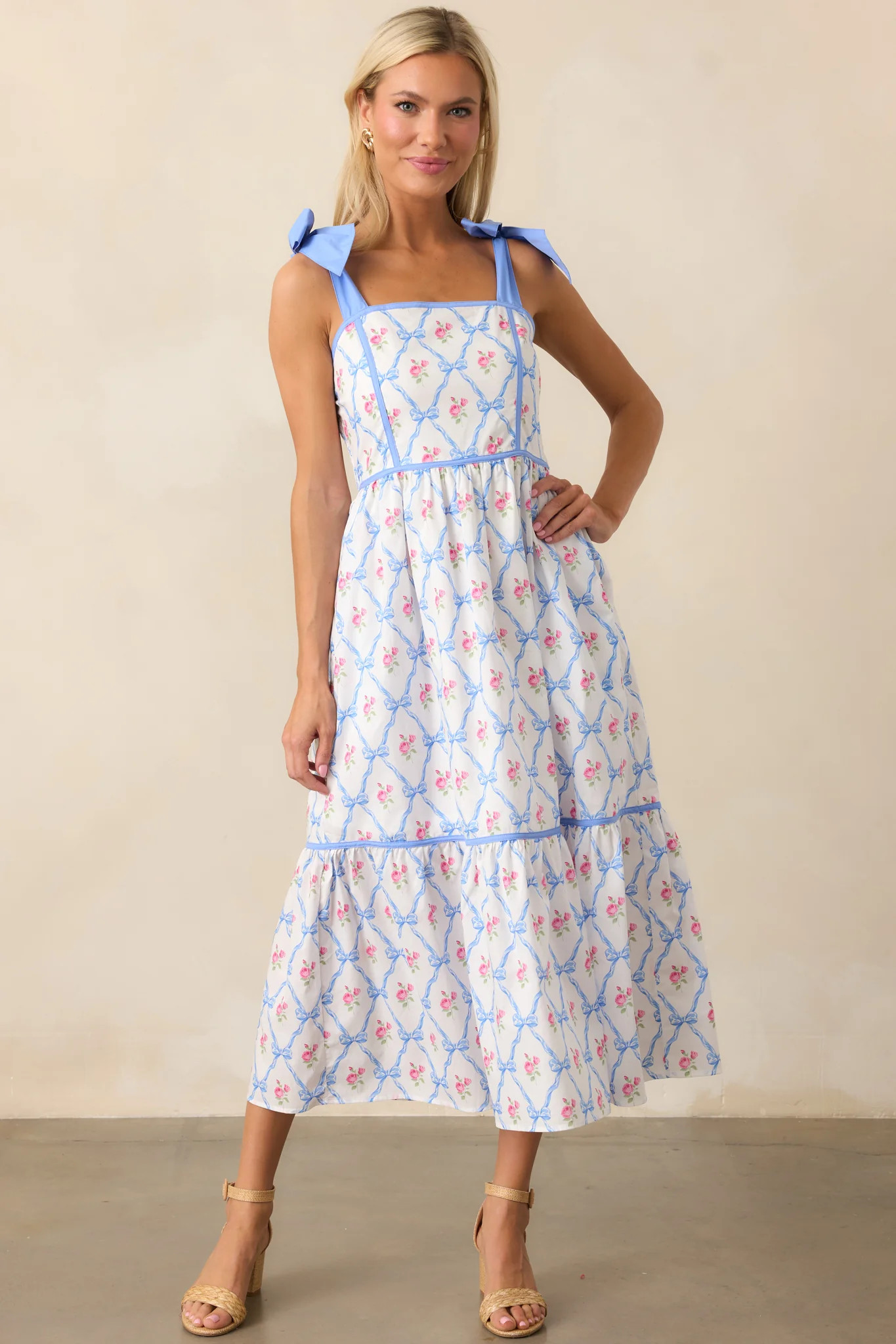 Ballet Recital Cotton Blue Bow Midi Dress | Red Dress