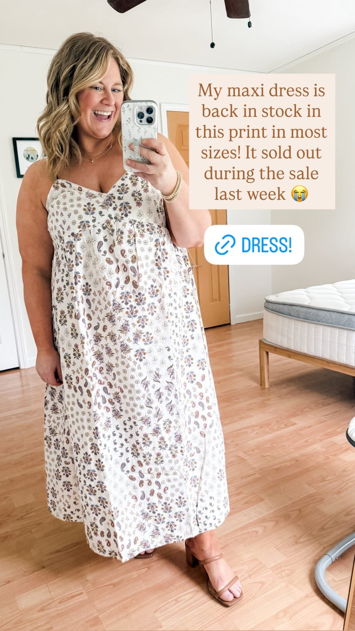 My maxi dress is back in stock in this print in most sizes! It sold out during the sale last week 😭