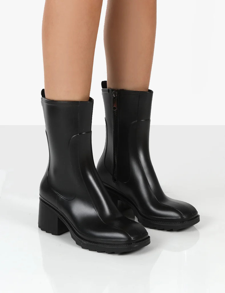 Rainyday Black Chunky Zip Up Heeled Wellies | Public Desire (US & CA)