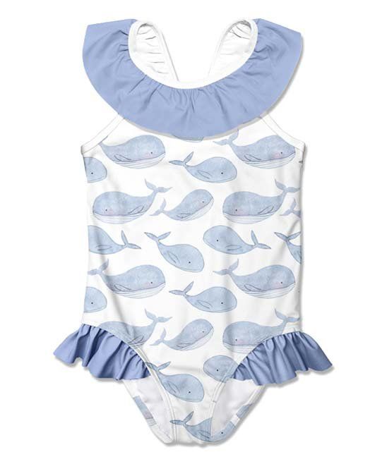 White & Periwinkle Whales Bow Ruffle-Accent Yoke One-Piece - Infant, Toddler & Girls | Zulily