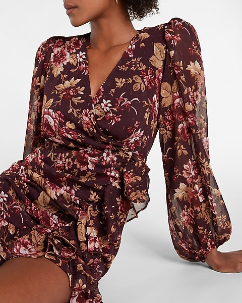 Floral Print Faux Wrap Ruffle Mini Dress | Express