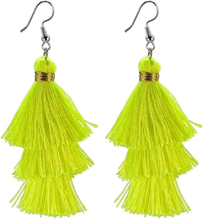 AD Beads Fashion Charm Crystal Silk Tassel 3 Layers Fan Fringe Dangle Earrings designer costume j... | Amazon (US)