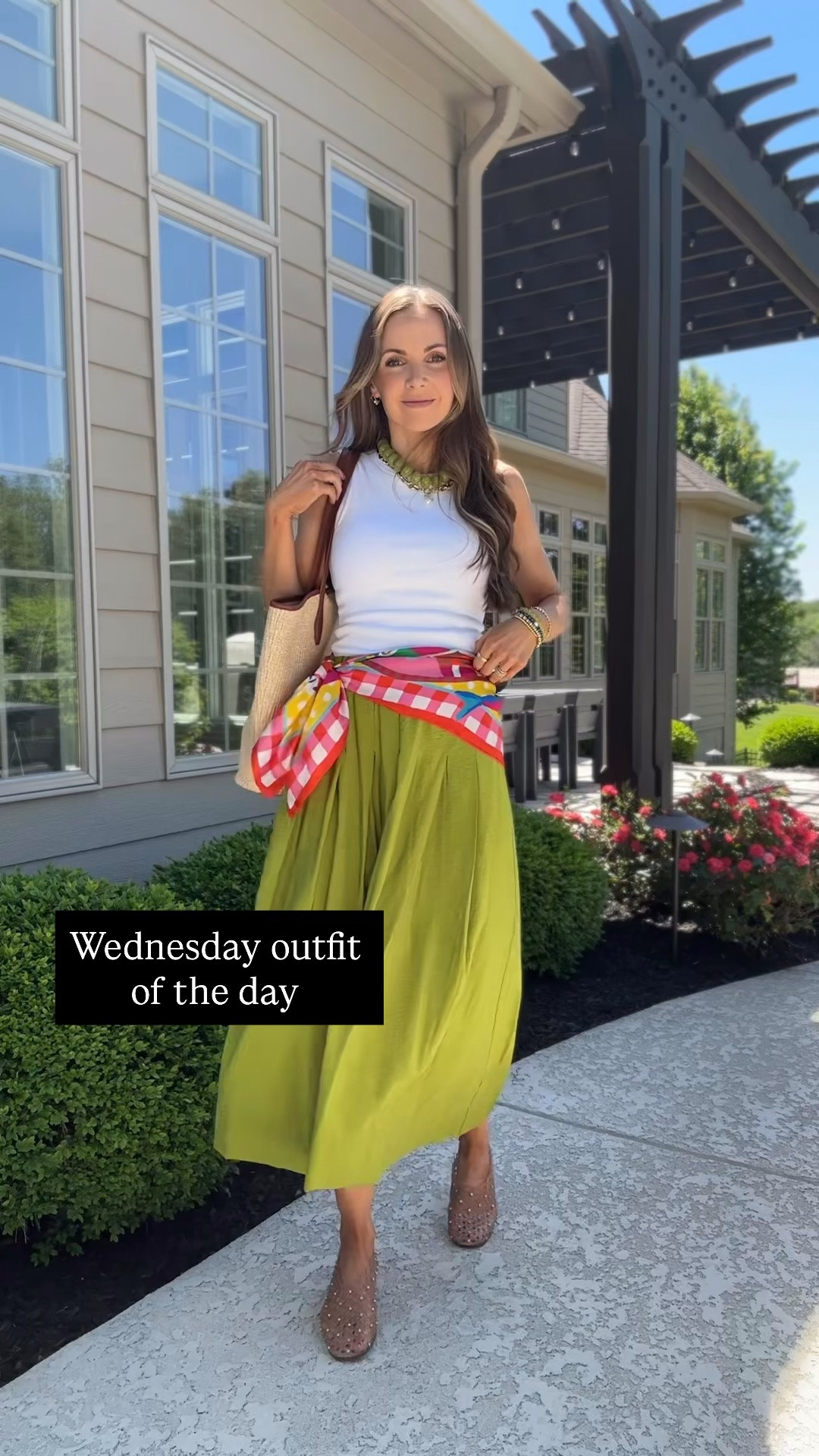 Wearing my new favorite @abercrombie  tank top, chartreuse Nordstrom skirt, and a few fun summery accessories