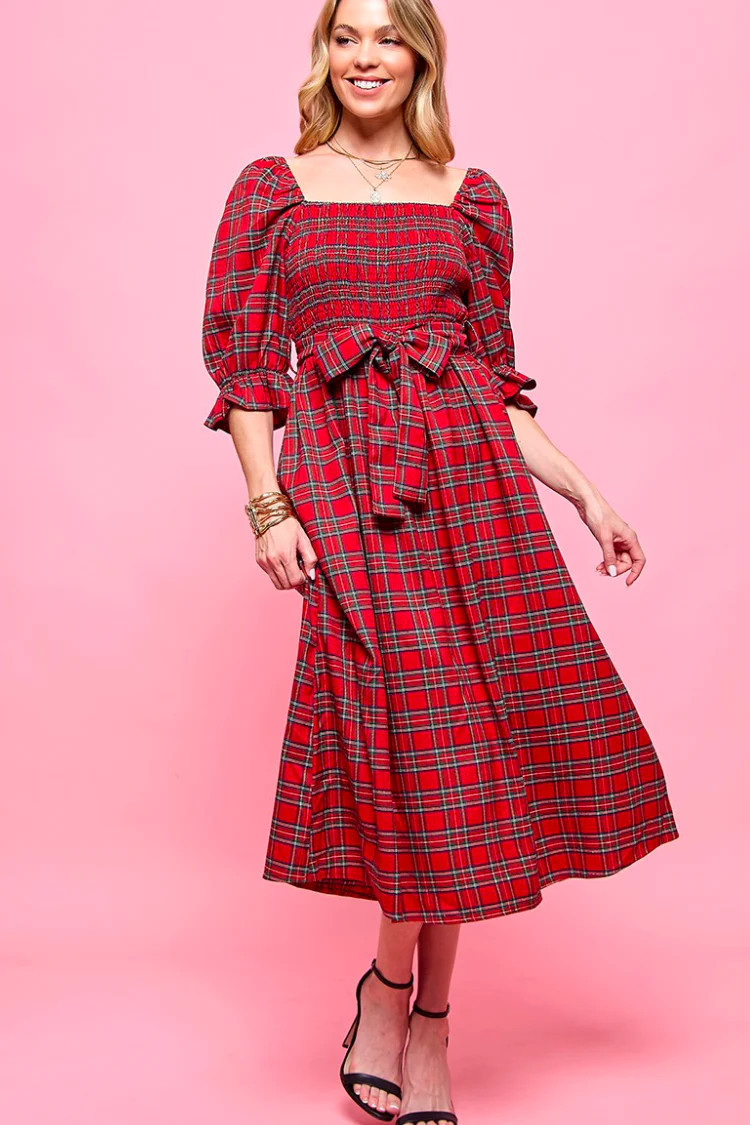 Bennett Red Plaid Midi Dress | Plaid Holiday Dress #LTKHoliday #LTKSeasonal #LTKfamiky #LTKparties | Confête