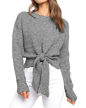 Okiwam Women's Long Sleeve Cropped Sweaters Casual Knit Pullover Tie Front Crew Neck Fall Outfits... | Amazon (US)