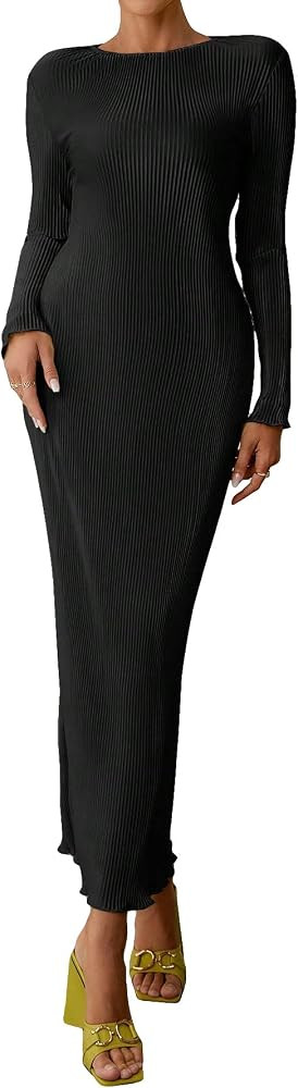 Floerns Women's Solid Long Sleeve Round Neck Streetwear Bodycon Long Dress | Amazon (US)