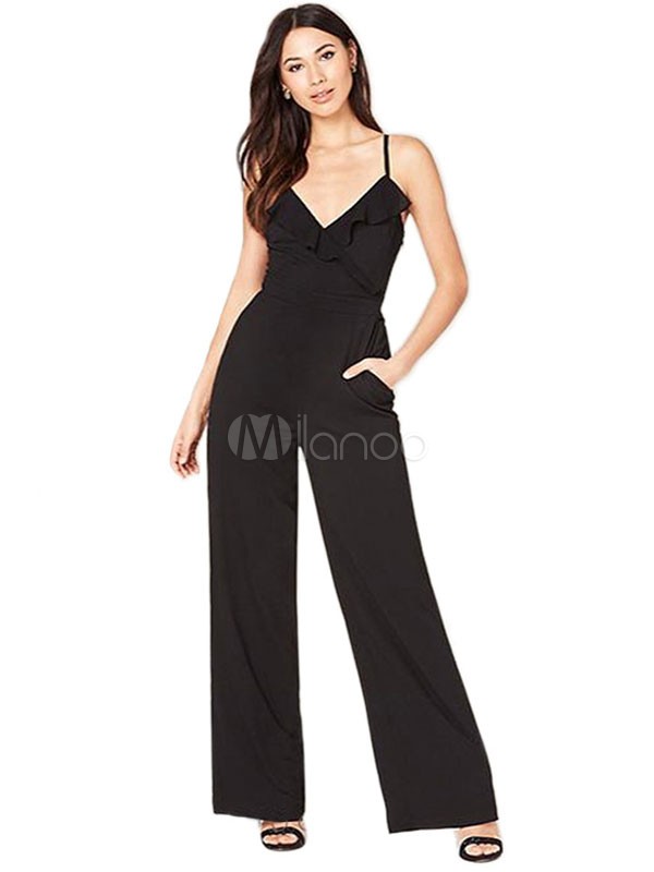 Women's Black Jumpsuit Strappy V Neck Sleeveless Slim Fit Straight Leg Long Jumpsuit | Milanoo